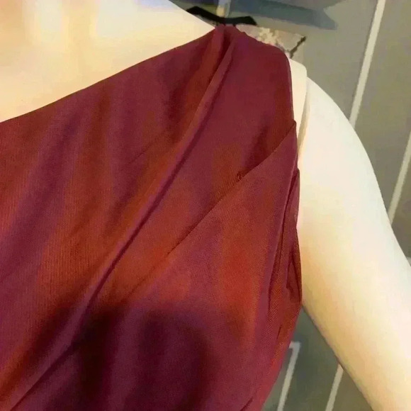 David's Bridal - One-Shoulder, Long Ruched Formal Dress - Wine - Size 6 - Picture 3 of 13